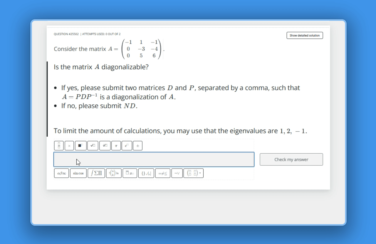 Grasple - diagonalize - diagonalizable 3x3 matrix - 3 differenet eigenvalues (2)