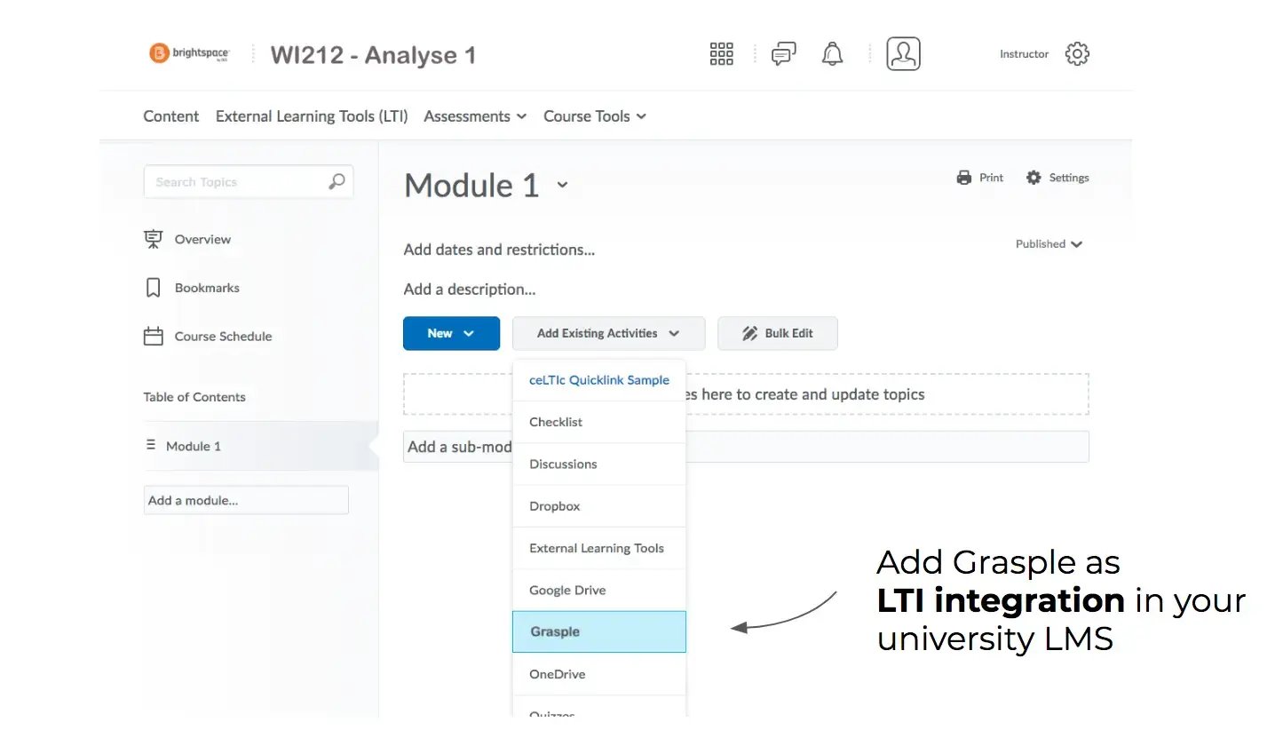 Screenshot showing the integration in LTI of Grasple