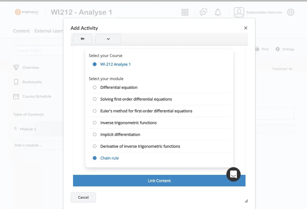 Screenshot of the Grasple interface showing an example of the integration into Brightspace
