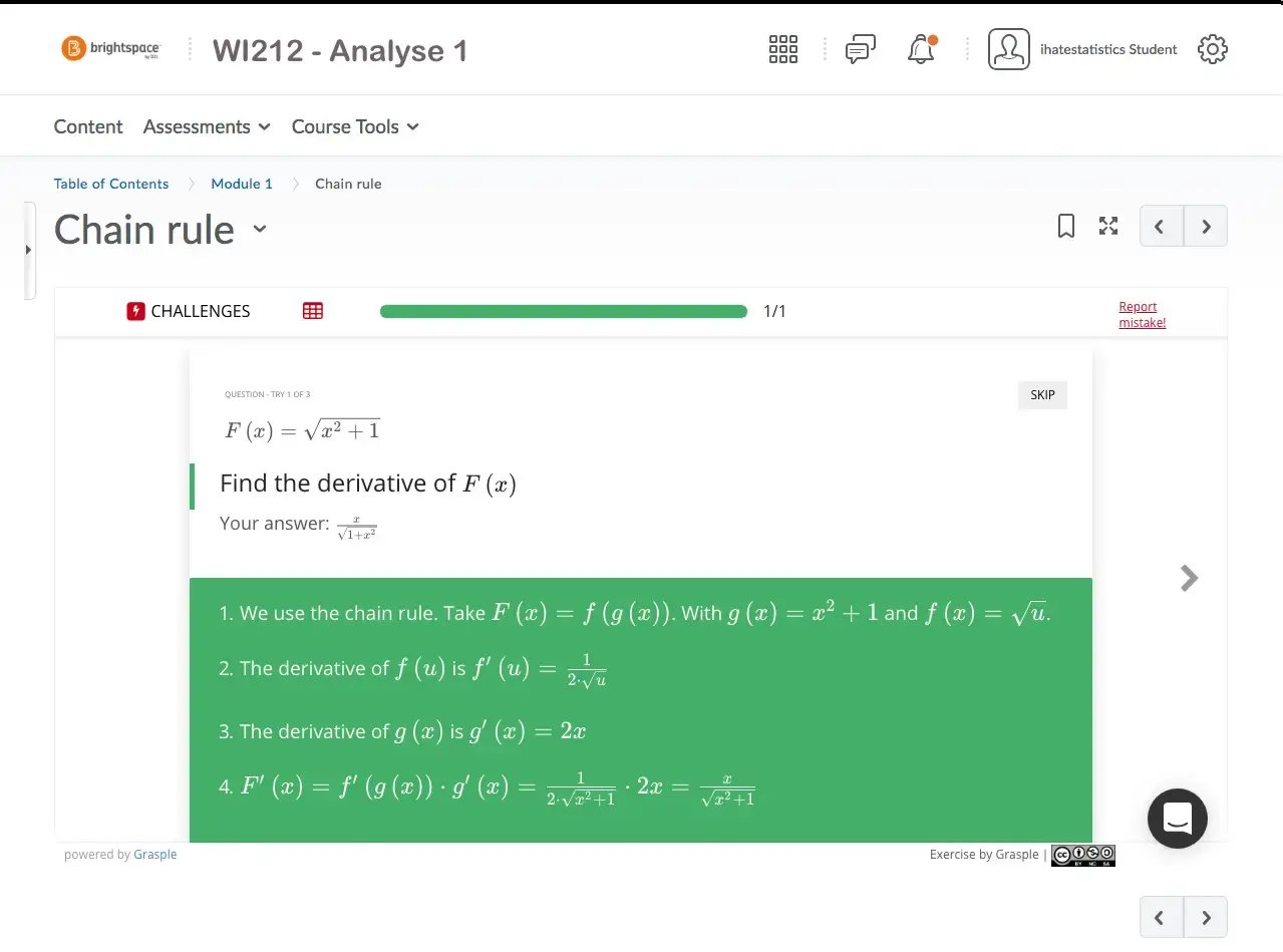 Screenshot of the Grasple interface showing an example of the integration into Brightspace