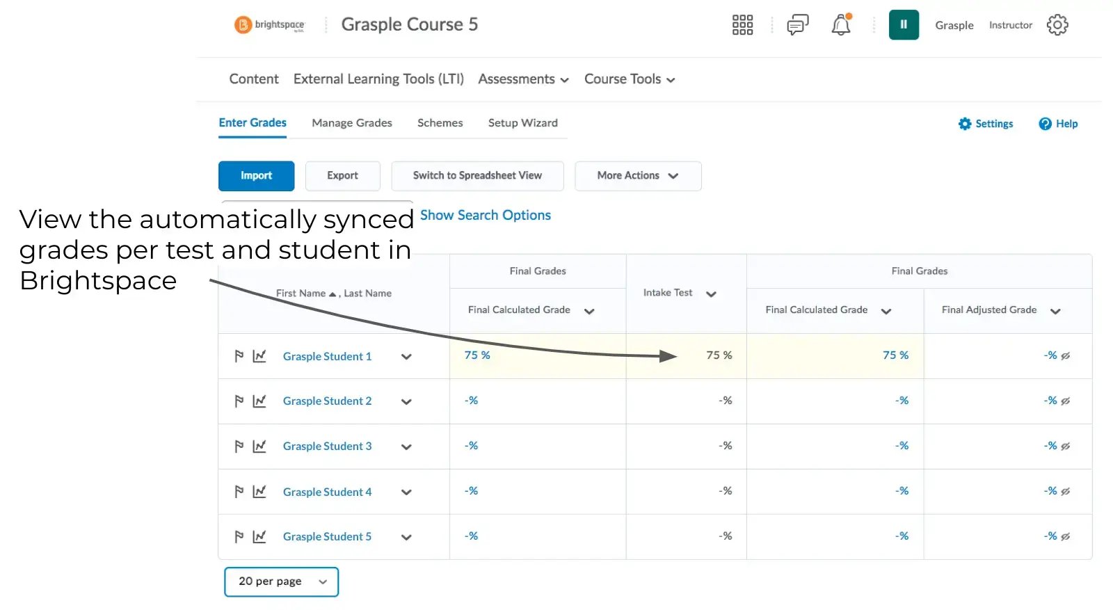 Screenshot of the Grasple interface showing an example of the integration into Brightspace