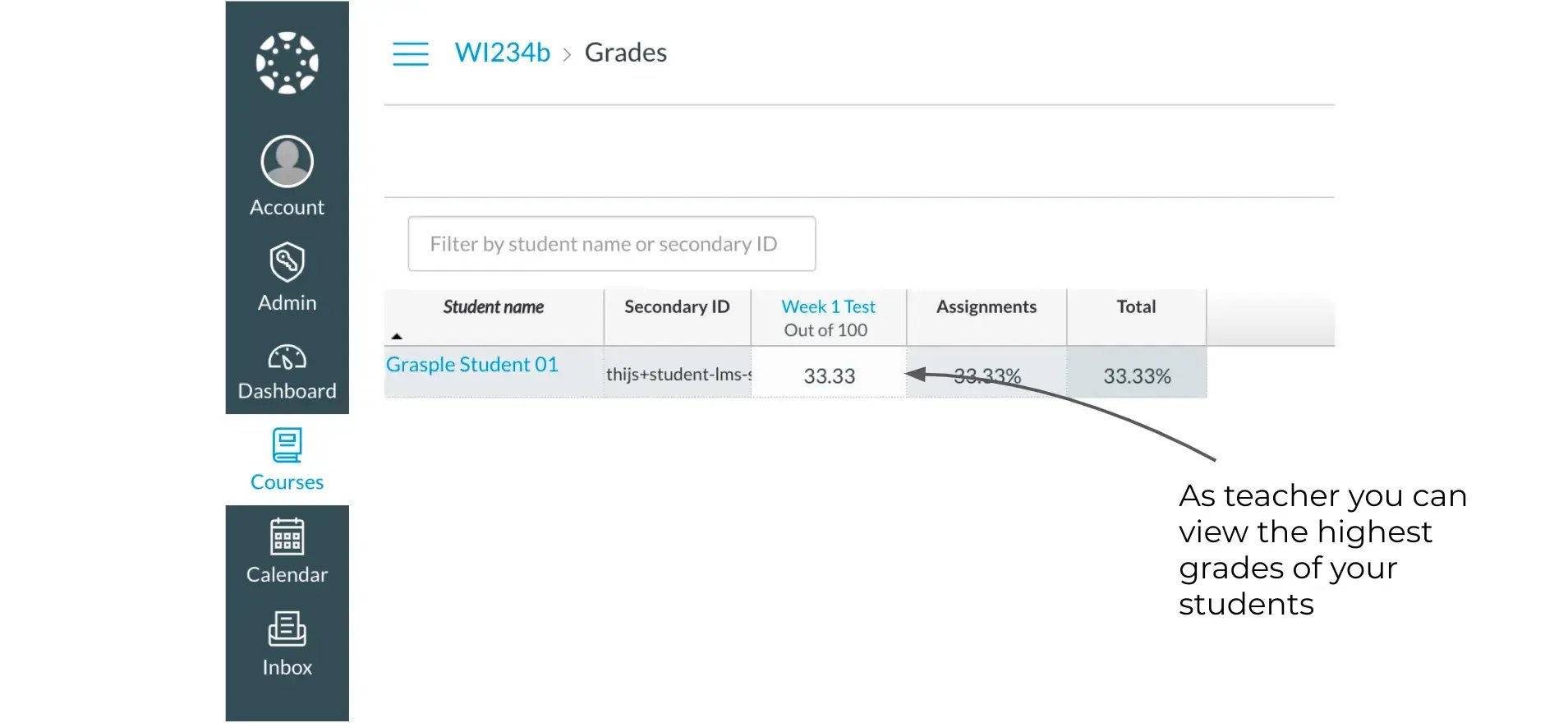 Screenshot of the Grasple interface showing an example of the integration into Canvas