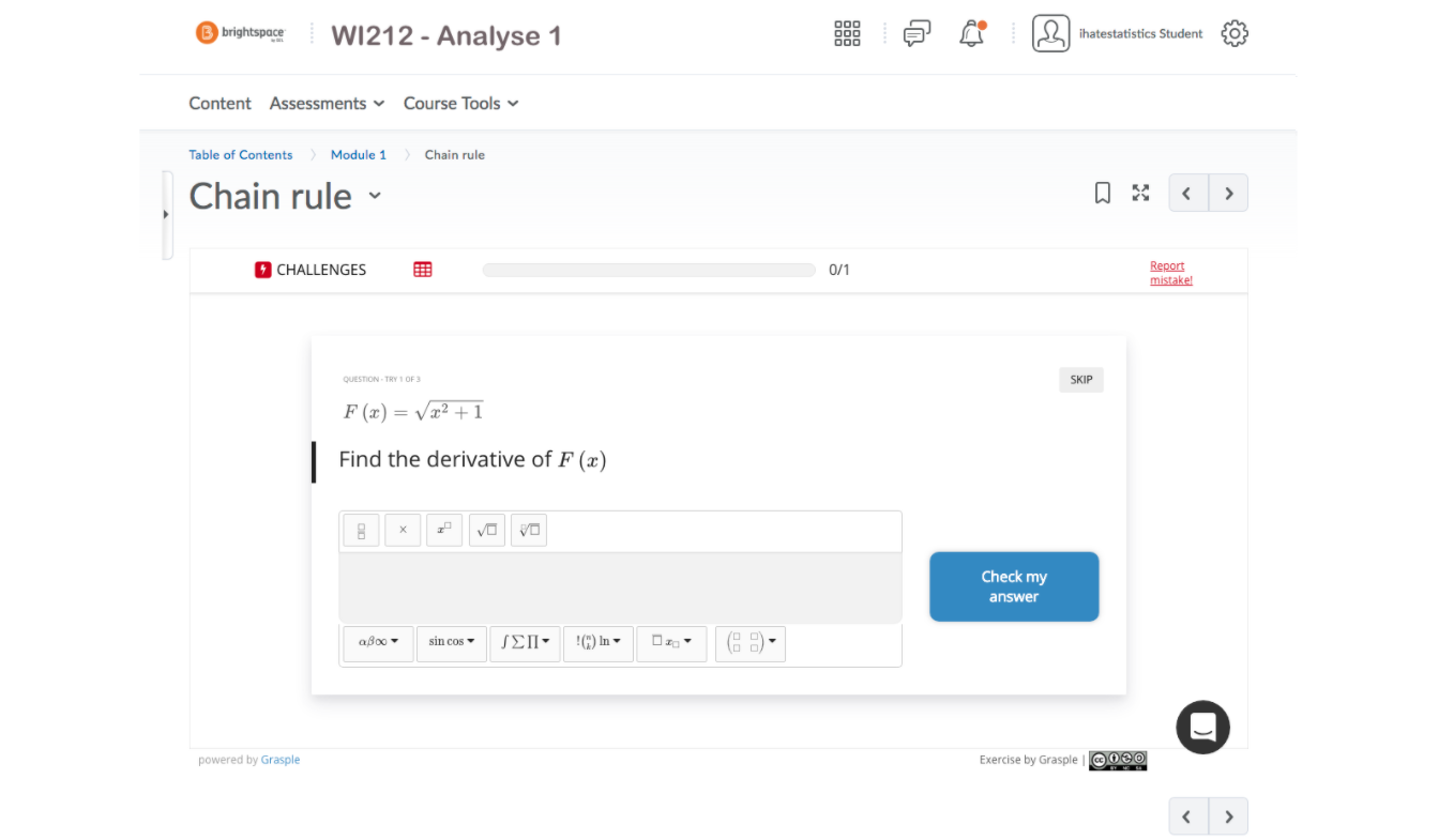 Screenshot of the Grasple interface showing the integration of Grasple in Brightspace. Screenshot of the Grasple interface showing the integration of Grasple in Brightspace.